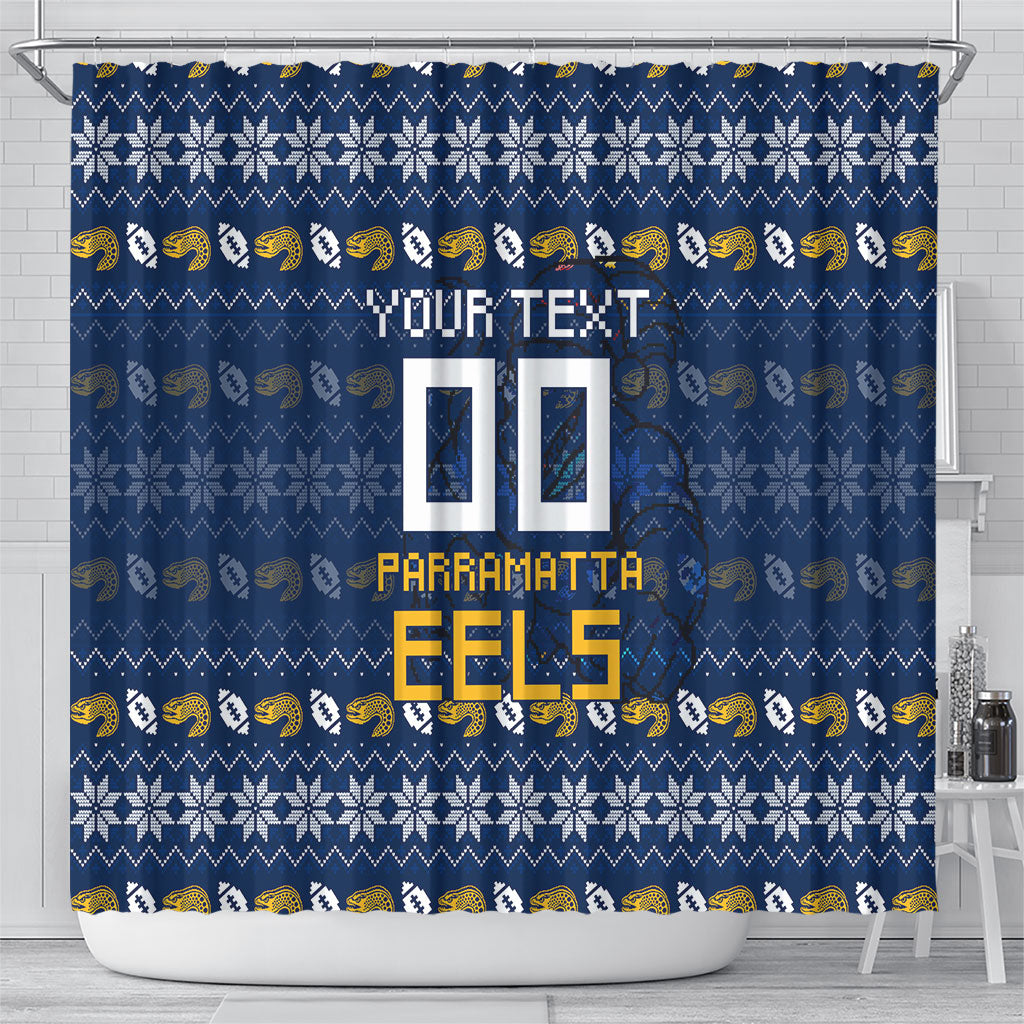 Personalized Parramatta Eels Christmas Shower Curtain Australian Rugby Fans - Pixelated Ugly Xmas Pattern Mascot Santa