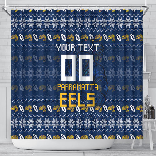 Personalized Parramatta Eels Christmas Shower Curtain Australian Rugby Fans - Pixelated Ugly Xmas Pattern Mascot Santa