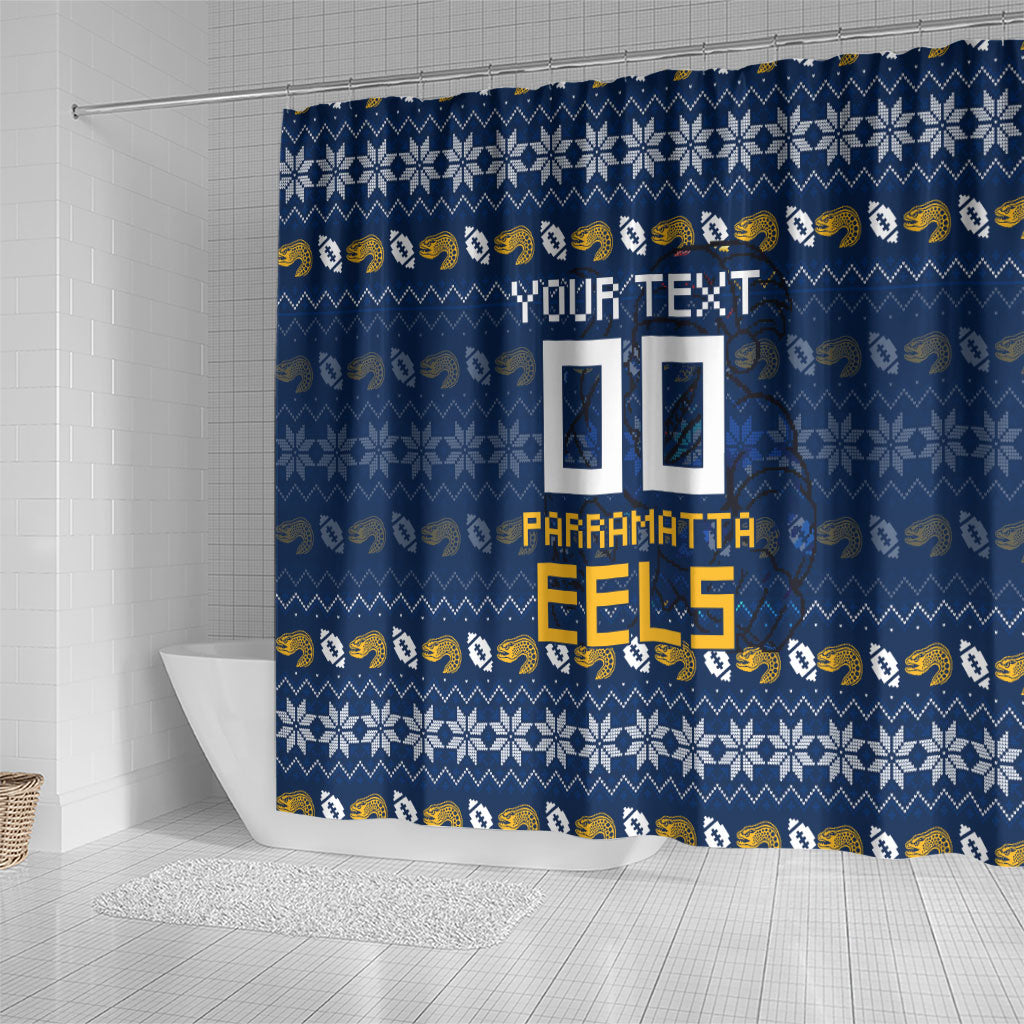 Personalized Parramatta Eels Christmas Shower Curtain Australian Rugby Fans - Pixelated Ugly Xmas Pattern Mascot Santa