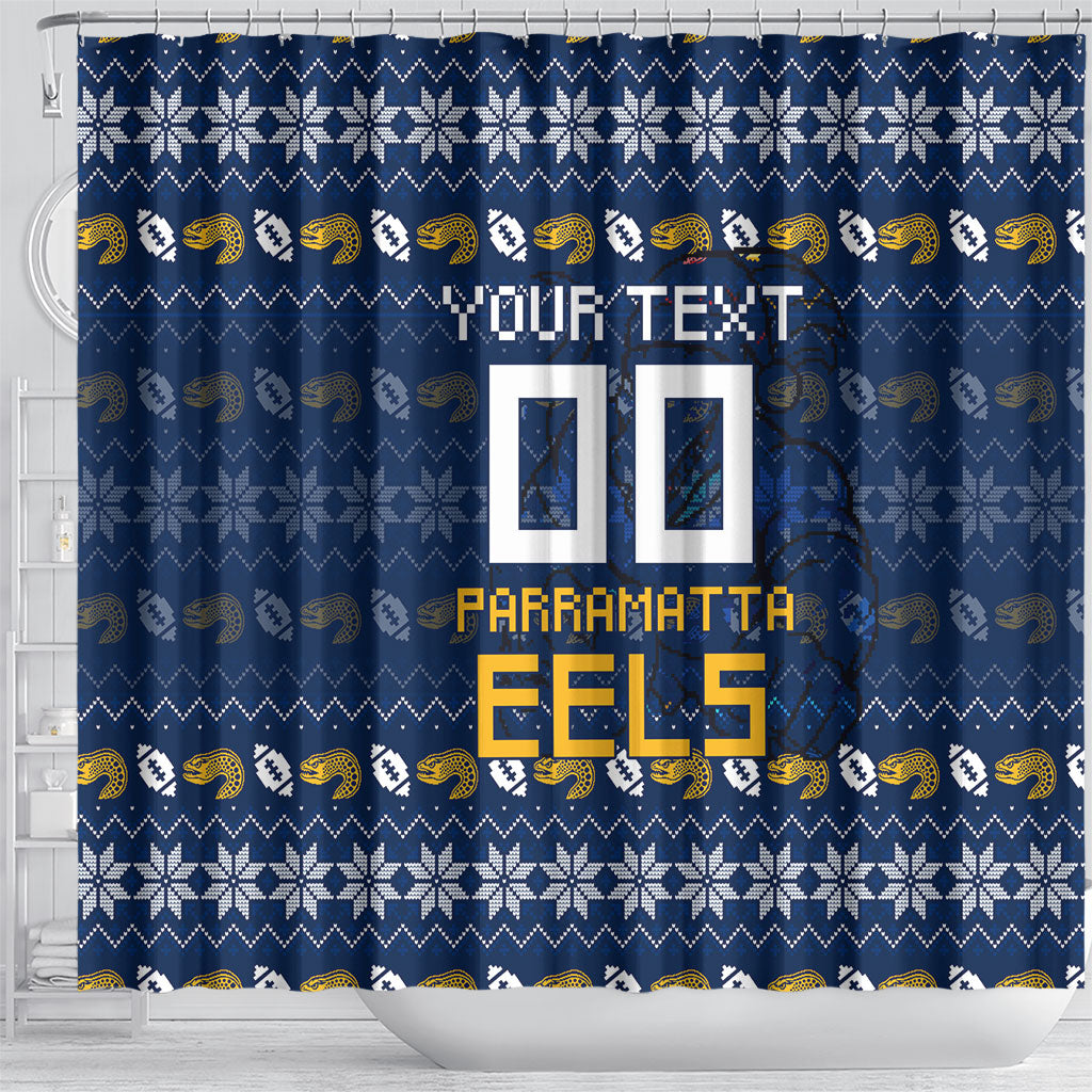 Personalized Parramatta Eels Christmas Shower Curtain Australian Rugby Fans - Pixelated Ugly Xmas Pattern Mascot Santa