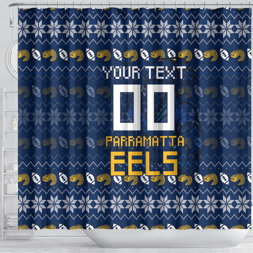 Personalized Parramatta Eels Christmas Shower Curtain Australian Rugby Fans - Pixelated Ugly Xmas Pattern Mascot Santa