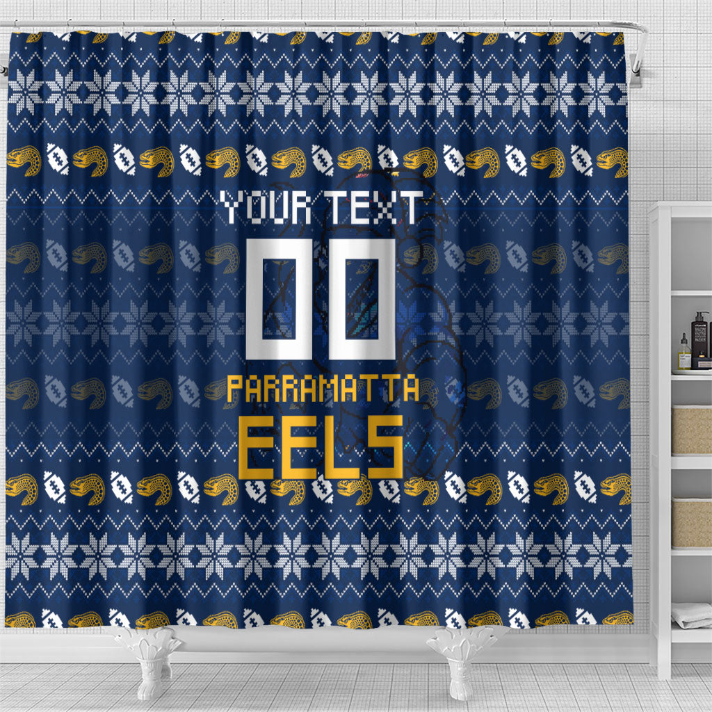 Personalized Parramatta Eels Christmas Shower Curtain Australian Rugby Fans - Pixelated Ugly Xmas Pattern Mascot Santa