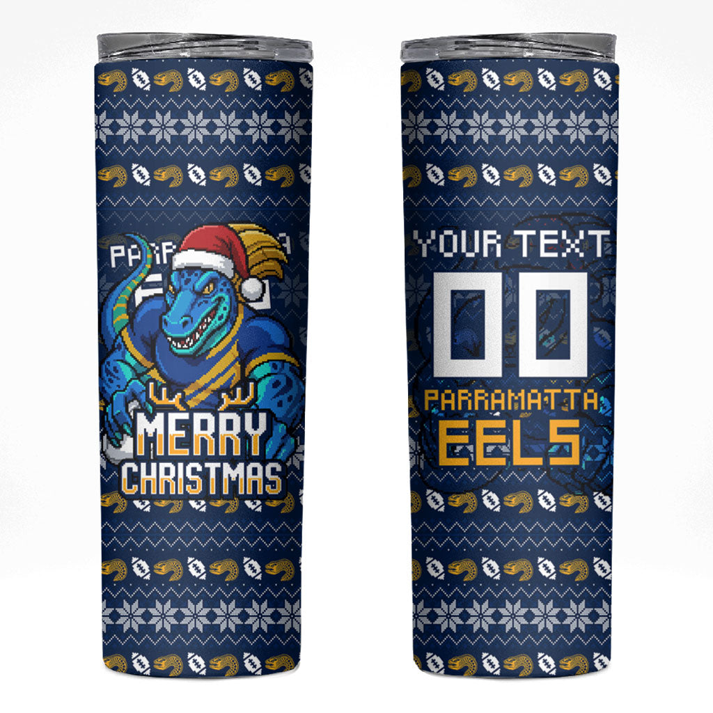 Personalized Parramatta Eels Christmas Skinny Tumbler Australian Rugby Fans - Pixelated Ugly Xmas Pattern Mascot Santa