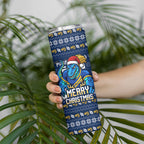 Personalized Parramatta Eels Christmas Skinny Tumbler Australian Rugby Fans - Pixelated Ugly Xmas Pattern Mascot Santa