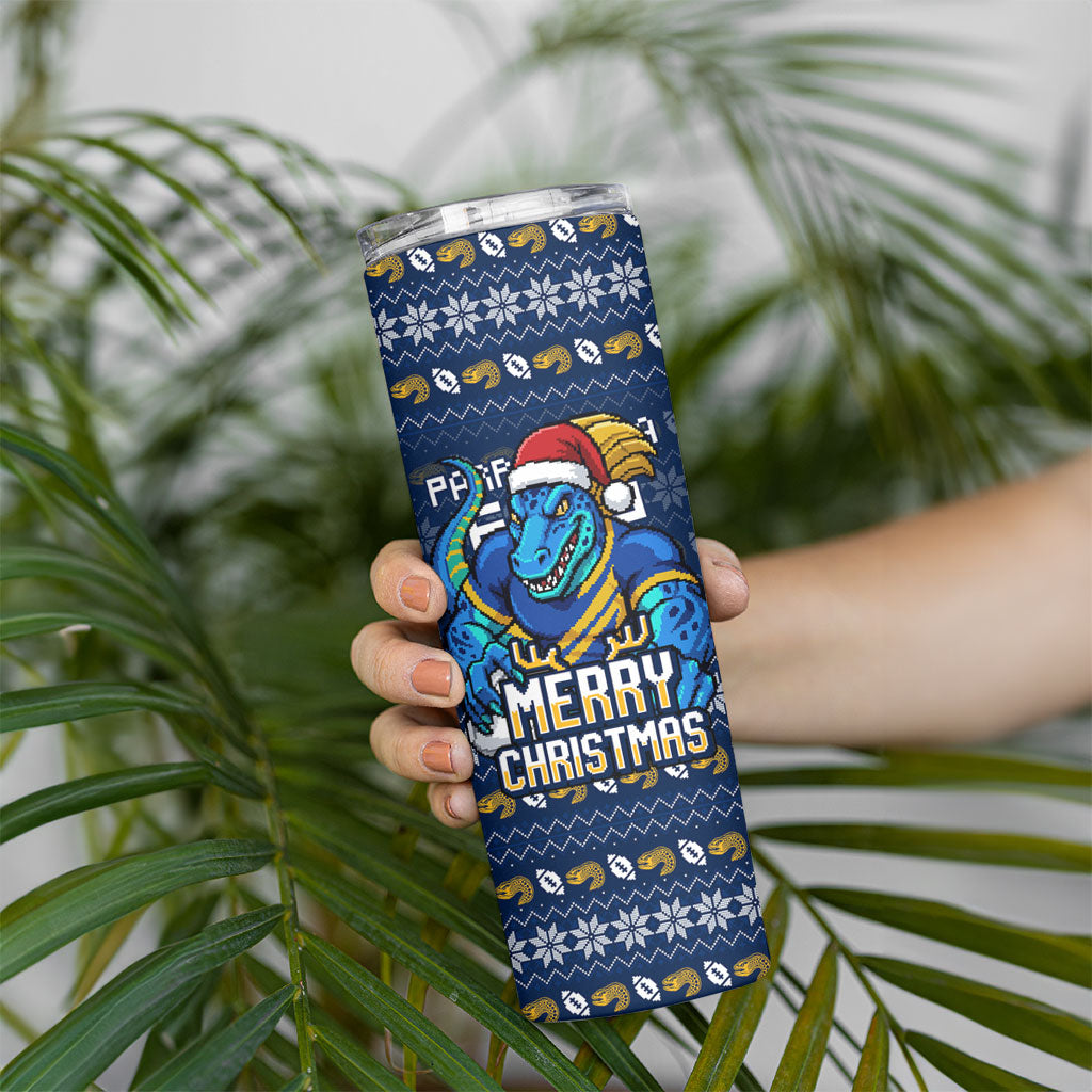 Personalized Parramatta Eels Christmas Skinny Tumbler Australian Rugby Fans - Pixelated Ugly Xmas Pattern Mascot Santa