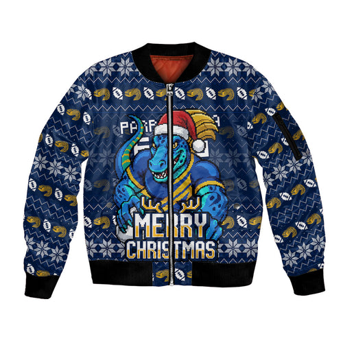 Personalized Parramatta Eels Christmas Sleeve Zip Bomber Jacket Australian Rugby Fans - Pixelated Ugly Xmas Pattern Mascot Santa