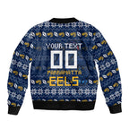 Personalized Parramatta Eels Christmas Sleeve Zip Bomber Jacket Australian Rugby Fans - Pixelated Ugly Xmas Pattern Mascot Santa