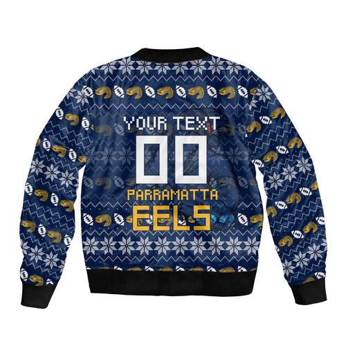 Personalized Parramatta Eels Christmas Sleeve Zip Bomber Jacket Australian Rugby Fans - Pixelated Ugly Xmas Pattern Mascot Santa