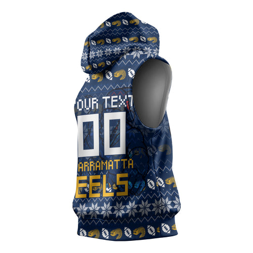 Personalized Parramatta Eels Christmas Sleeveless Hoodie Australian Rugby Fans - Pixelated Ugly Xmas Pattern Mascot Santa