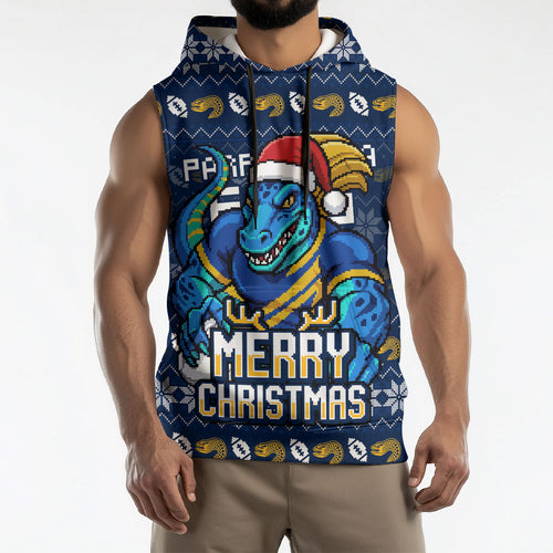 Personalized Parramatta Eels Christmas Sleeveless Hoodie Australian Rugby Fans - Pixelated Ugly Xmas Pattern Mascot Santa