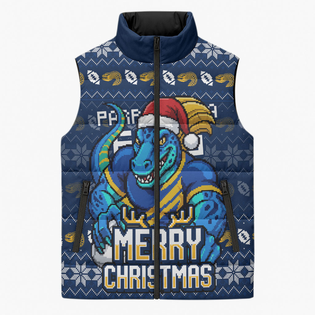 Personalized Parramatta Eels Christmas Sleeveless Puffer Jacket Australian Rugby Fans - Pixelated Ugly Xmas Pattern Mascot Santa