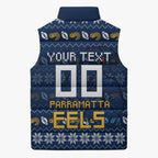 Personalized Parramatta Eels Christmas Sleeveless Puffer Jacket Australian Rugby Fans - Pixelated Ugly Xmas Pattern Mascot Santa