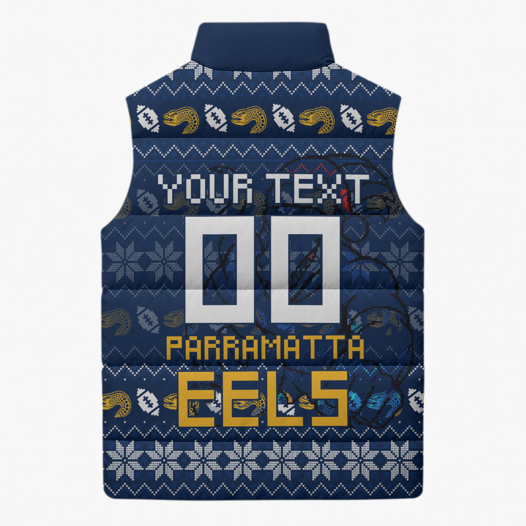 Personalized Parramatta Eels Christmas Sleeveless Puffer Jacket Australian Rugby Fans - Pixelated Ugly Xmas Pattern Mascot Santa