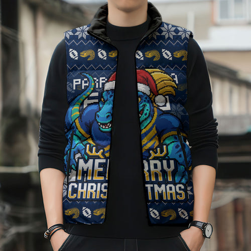 Personalized Parramatta Eels Christmas Sleeveless Puffer Jacket Australian Rugby Fans - Pixelated Ugly Xmas Pattern Mascot Santa