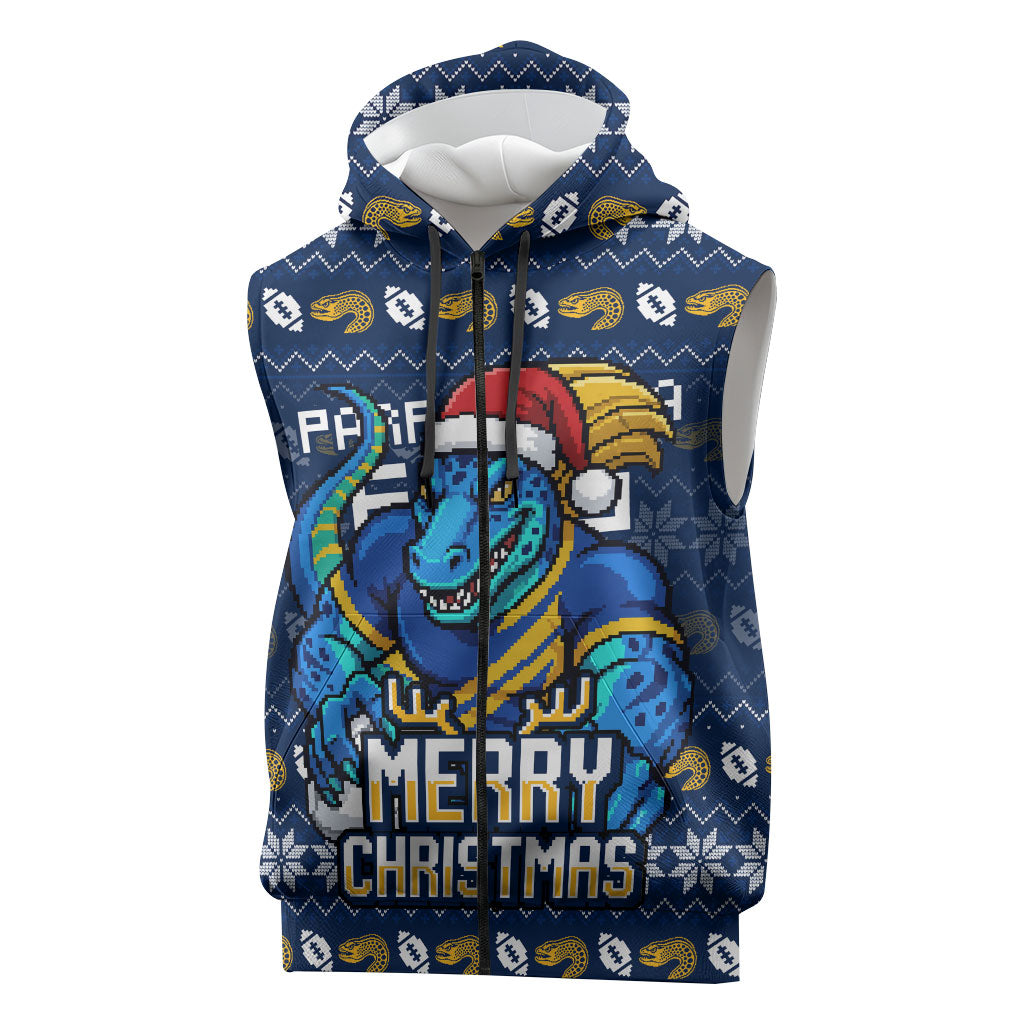 Personalized Parramatta Eels Christmas Sleeveless Zip Hoodie Australian Rugby Fans - Pixelated Ugly Xmas Pattern Mascot Santa