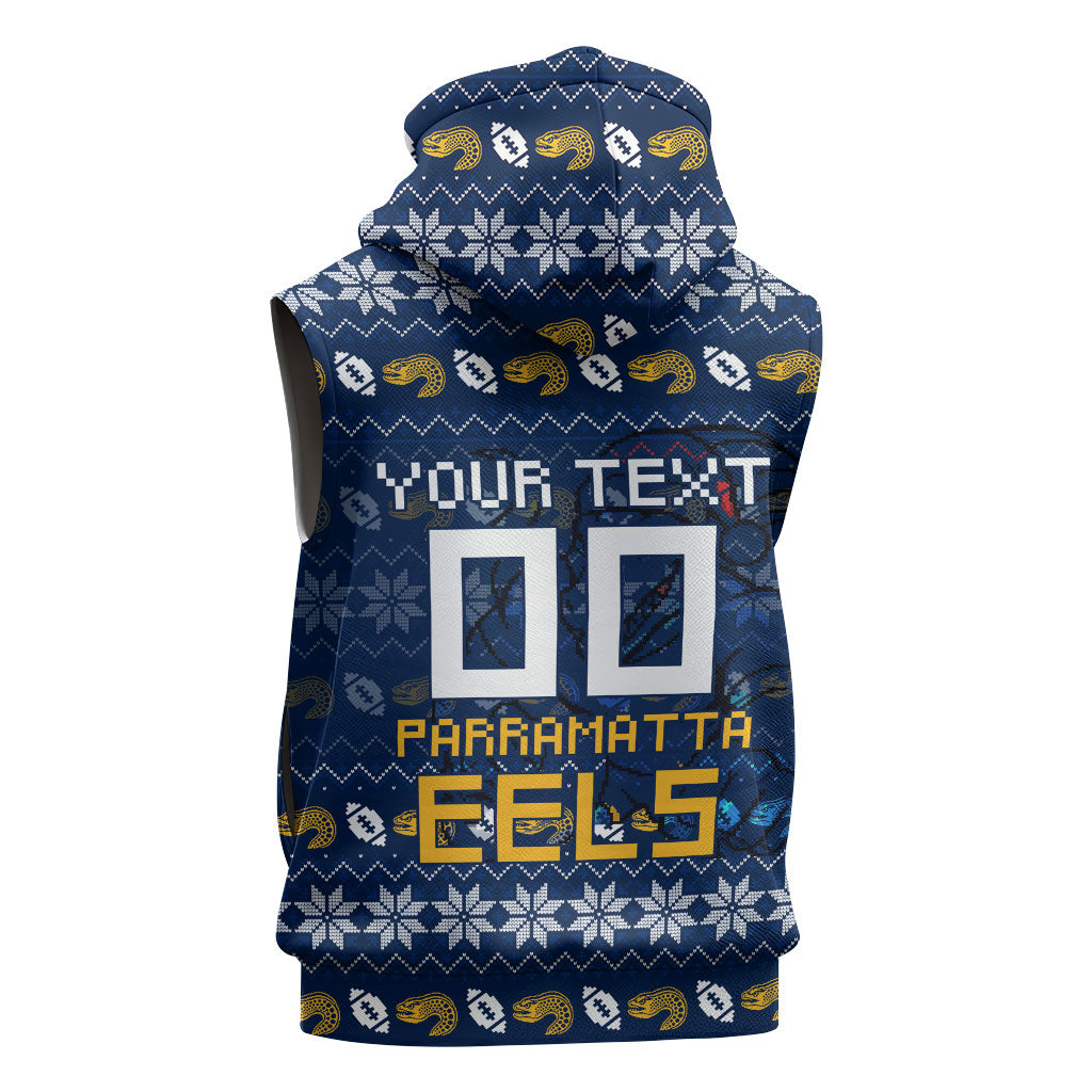 Personalized Parramatta Eels Christmas Sleeveless Zip Hoodie Australian Rugby Fans - Pixelated Ugly Xmas Pattern Mascot Santa