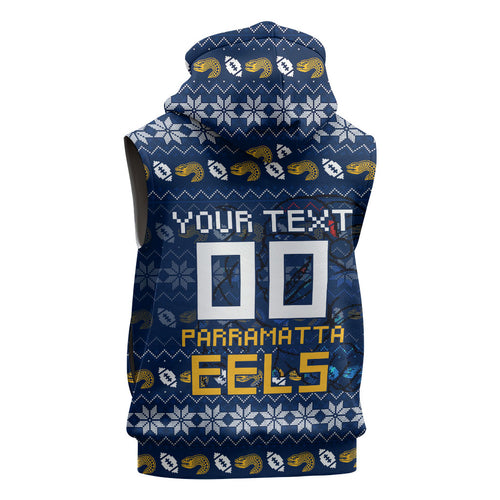 Personalized Parramatta Eels Christmas Sleeveless Zip Hoodie Australian Rugby Fans - Pixelated Ugly Xmas Pattern Mascot Santa