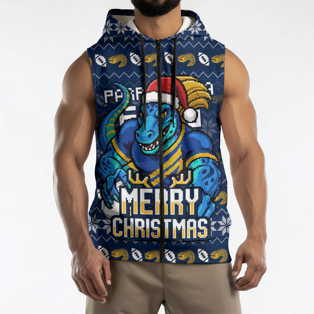 Personalized Parramatta Eels Christmas Sleeveless Zip Hoodie Australian Rugby Fans - Pixelated Ugly Xmas Pattern Mascot Santa