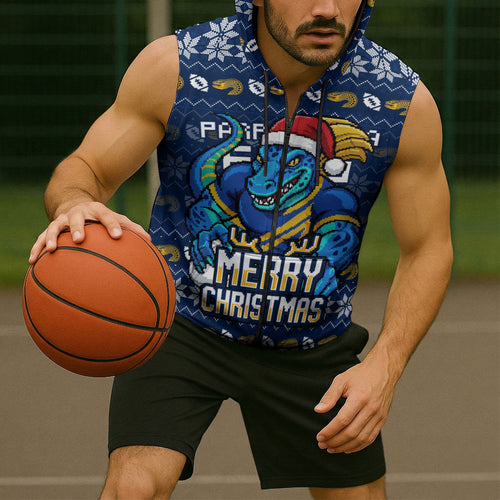 Personalized Parramatta Eels Christmas Sleeveless Zip Hoodie Australian Rugby Fans - Pixelated Ugly Xmas Pattern Mascot Santa