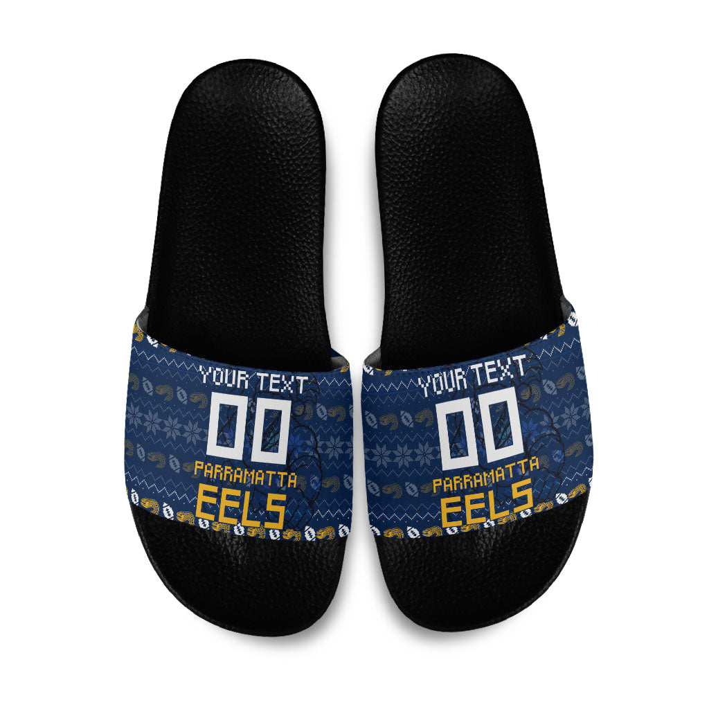 Personalized Parramatta Eels Christmas Slide Sandals Australian Rugby Fans - Pixelated Ugly Xmas Pattern Mascot Santa