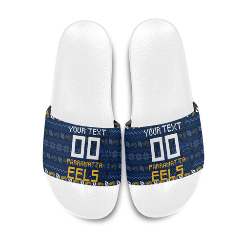 Personalized Parramatta Eels Christmas Slide Sandals Australian Rugby Fans - Pixelated Ugly Xmas Pattern Mascot Santa