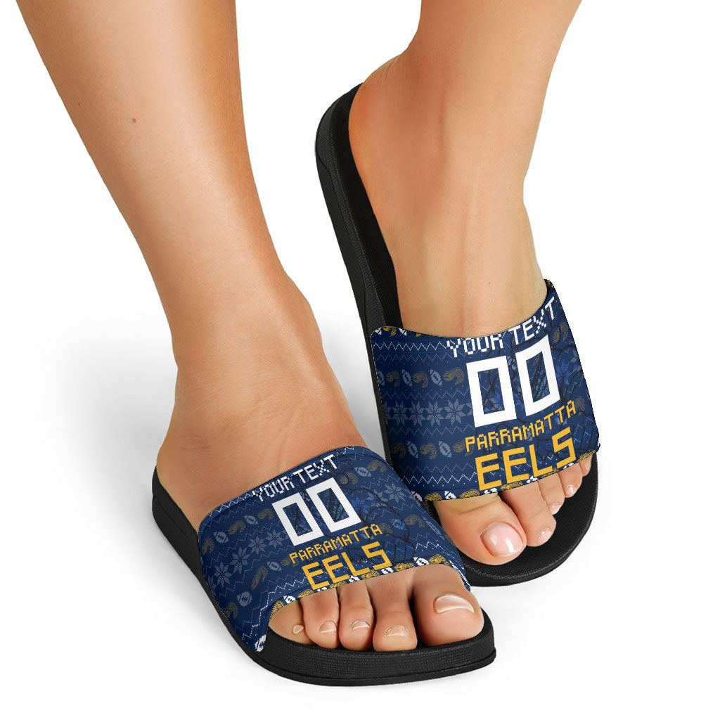 Personalized Parramatta Eels Christmas Slide Sandals Australian Rugby Fans - Pixelated Ugly Xmas Pattern Mascot Santa