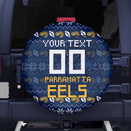 Personalized Parramatta Eels Christmas Spare Tire Cover Australian Rugby Fans - Pixelated Ugly Xmas Pattern Mascot Santa