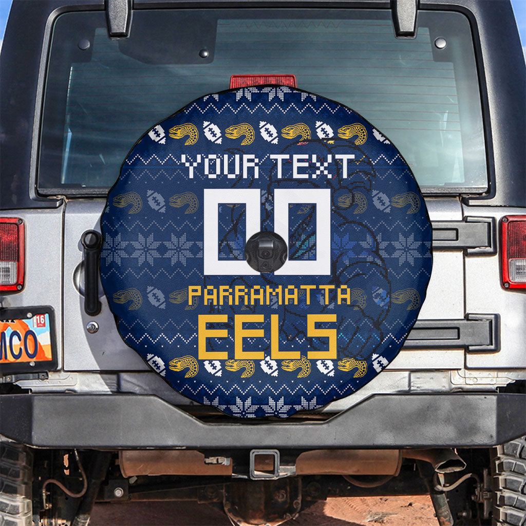 Personalized Parramatta Eels Christmas Spare Tire Cover Australian Rugby Fans - Pixelated Ugly Xmas Pattern Mascot Santa