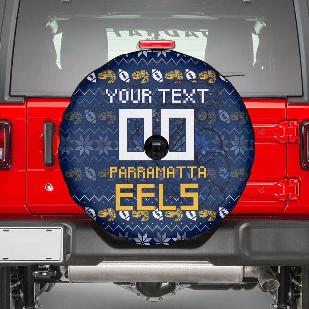 Personalized Parramatta Eels Christmas Spare Tire Cover Australian Rugby Fans - Pixelated Ugly Xmas Pattern Mascot Santa