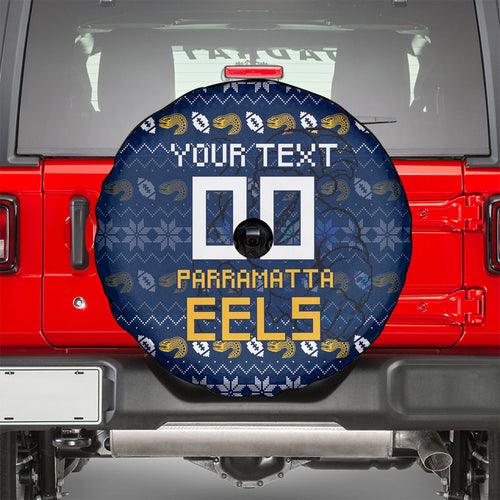 Personalized Parramatta Eels Christmas Spare Tire Cover Australian Rugby Fans - Pixelated Ugly Xmas Pattern Mascot Santa