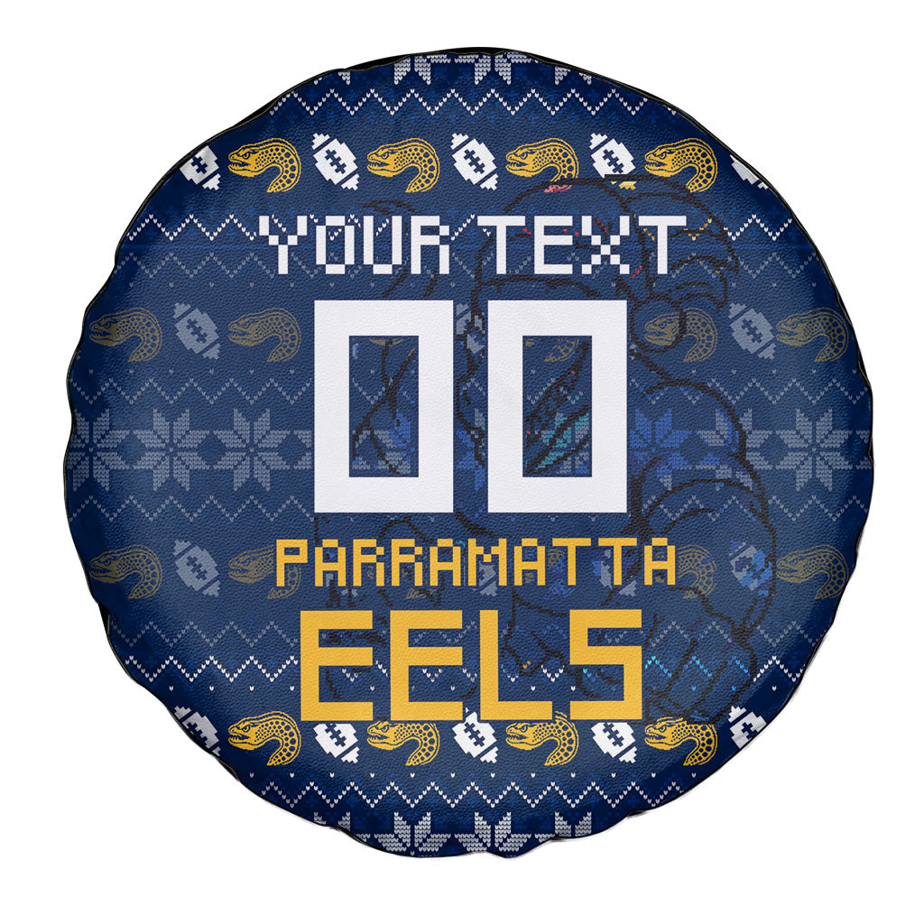 Personalized Parramatta Eels Christmas Spare Tire Cover Australian Rugby Fans - Pixelated Ugly Xmas Pattern Mascot Santa