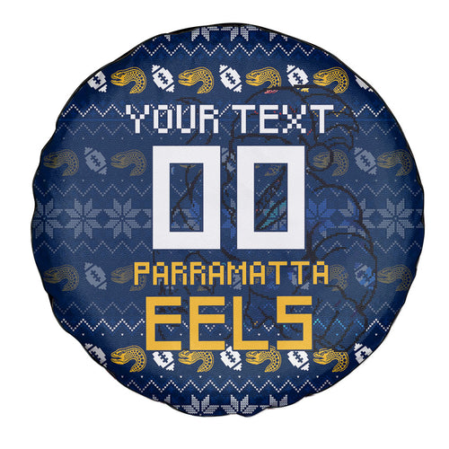 Personalized Parramatta Eels Christmas Spare Tire Cover Australian Rugby Fans - Pixelated Ugly Xmas Pattern Mascot Santa
