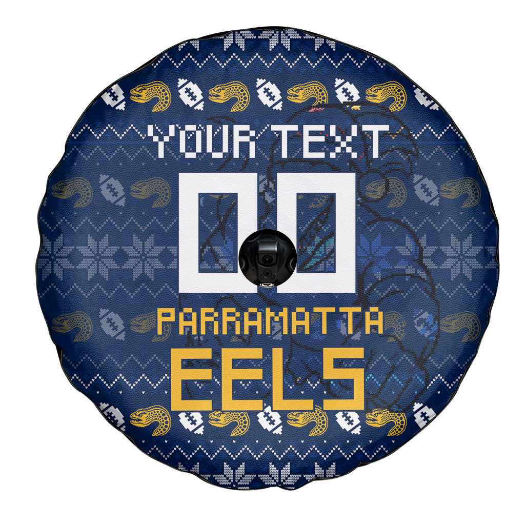 Personalized Parramatta Eels Christmas Spare Tire Cover Australian Rugby Fans - Pixelated Ugly Xmas Pattern Mascot Santa