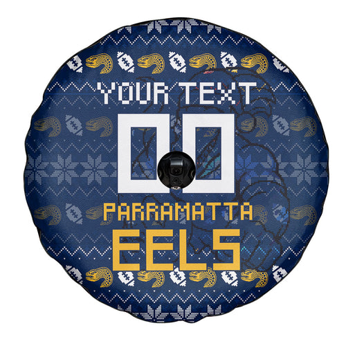 Personalized Parramatta Eels Christmas Spare Tire Cover Australian Rugby Fans - Pixelated Ugly Xmas Pattern Mascot Santa