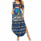 Personalized Parramatta Eels Christmas Summer Maxi Dress Australian Rugby Fans - Pixelated Ugly Xmas Pattern Mascot Santa