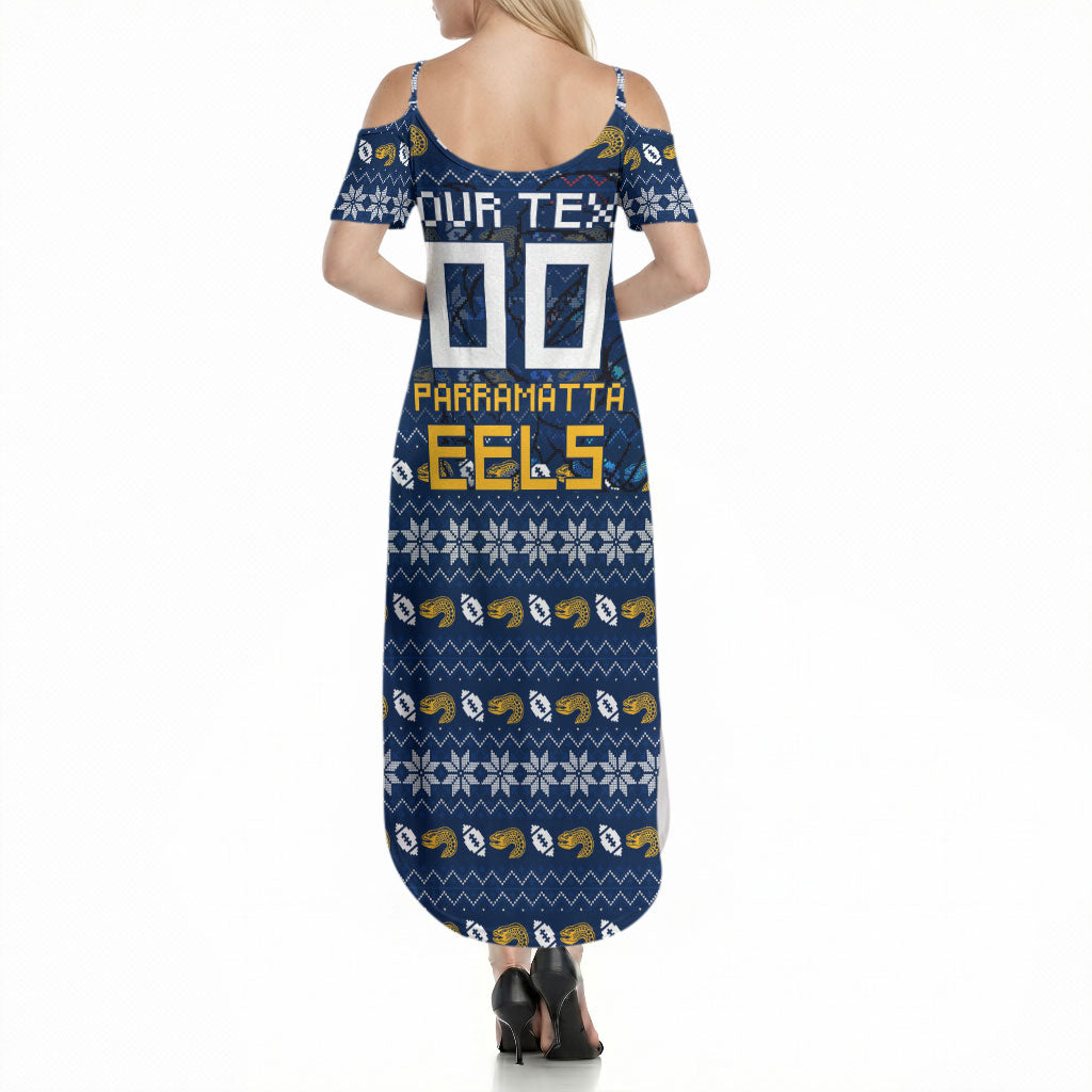 Personalized Parramatta Eels Christmas Summer Maxi Dress Australian Rugby Fans - Pixelated Ugly Xmas Pattern Mascot Santa