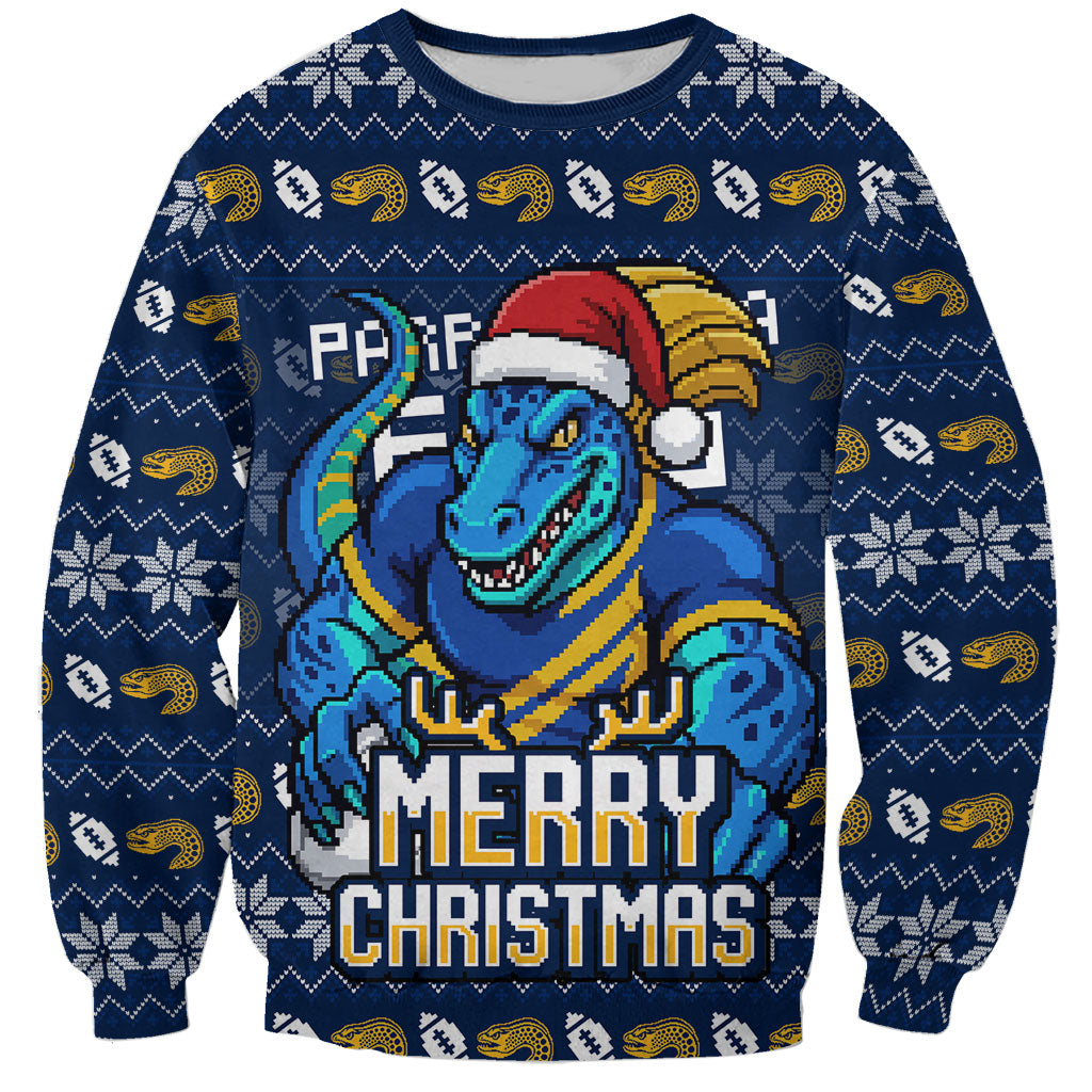 Personalized Parramatta Eels Christmas Sweatshirt Australian Rugby Fans - Pixelated Ugly Xmas Pattern Mascot Santa