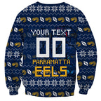 Personalized Parramatta Eels Christmas Sweatshirt Australian Rugby Fans - Pixelated Ugly Xmas Pattern Mascot Santa