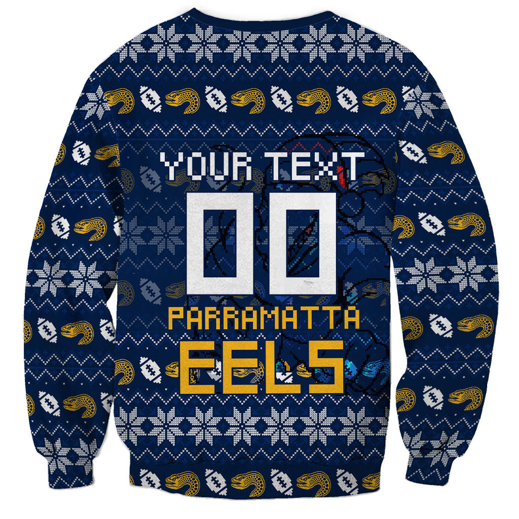 Personalized Parramatta Eels Christmas Sweatshirt Australian Rugby Fans - Pixelated Ugly Xmas Pattern Mascot Santa