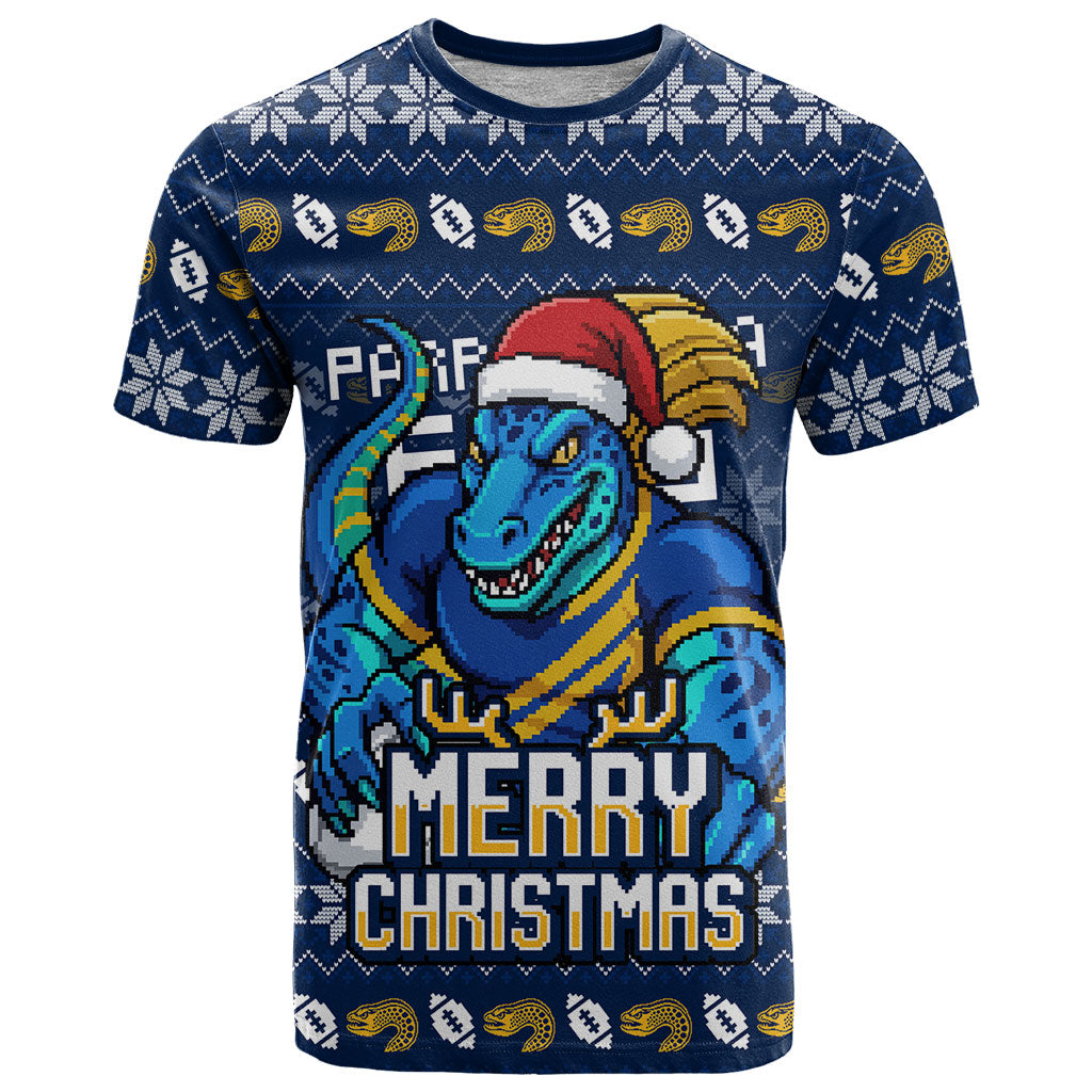 Personalized Parramatta Eels Christmas T Shirt Australian Rugby Fans - Pixelated Ugly Xmas Pattern Mascot Santa
