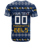 Personalized Parramatta Eels Christmas T Shirt Australian Rugby Fans - Pixelated Ugly Xmas Pattern Mascot Santa