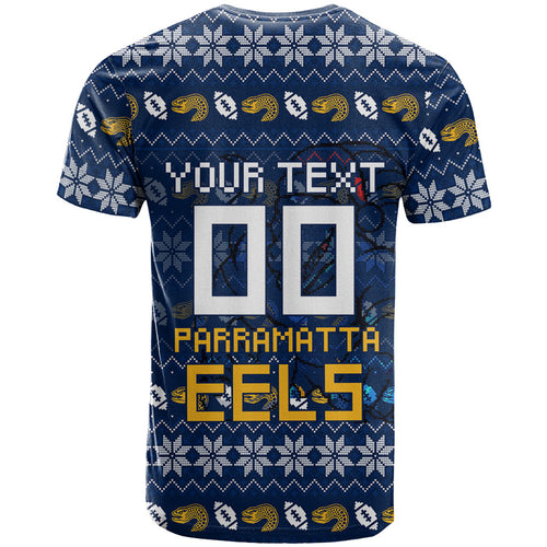 Personalized Parramatta Eels Christmas T Shirt Australian Rugby Fans - Pixelated Ugly Xmas Pattern Mascot Santa