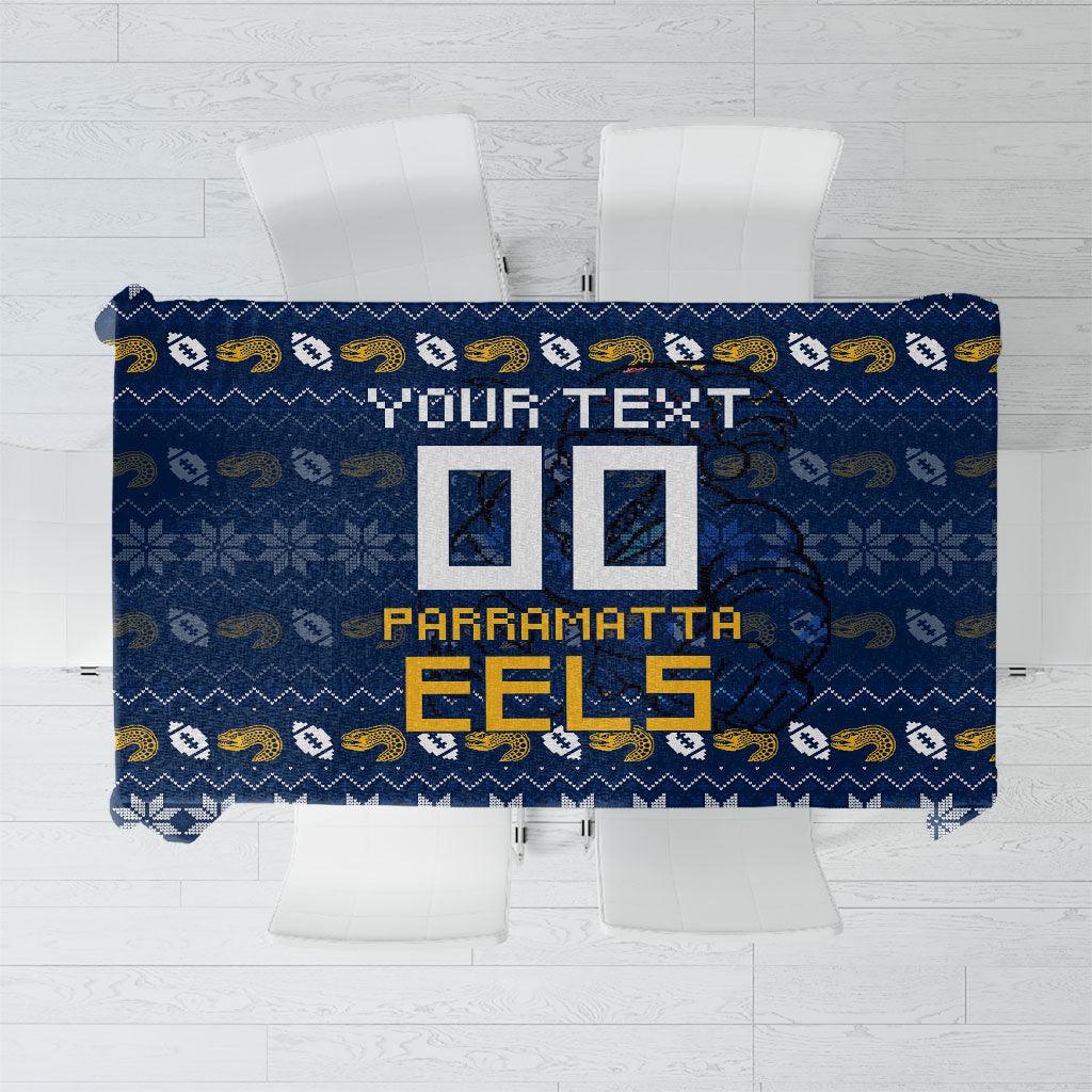 Personalized Parramatta Eels Christmas Tablecloth Australian Rugby Fans - Pixelated Ugly Xmas Pattern Mascot Santa