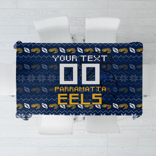 Personalized Parramatta Eels Christmas Tablecloth Australian Rugby Fans - Pixelated Ugly Xmas Pattern Mascot Santa