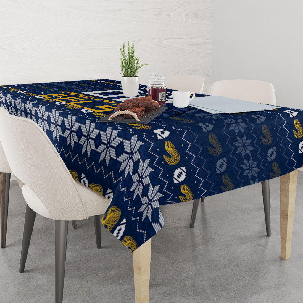 Personalized Parramatta Eels Christmas Tablecloth Australian Rugby Fans - Pixelated Ugly Xmas Pattern Mascot Santa