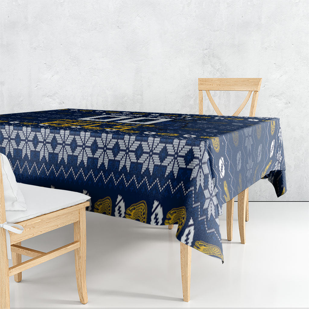 Personalized Parramatta Eels Christmas Tablecloth Australian Rugby Fans - Pixelated Ugly Xmas Pattern Mascot Santa