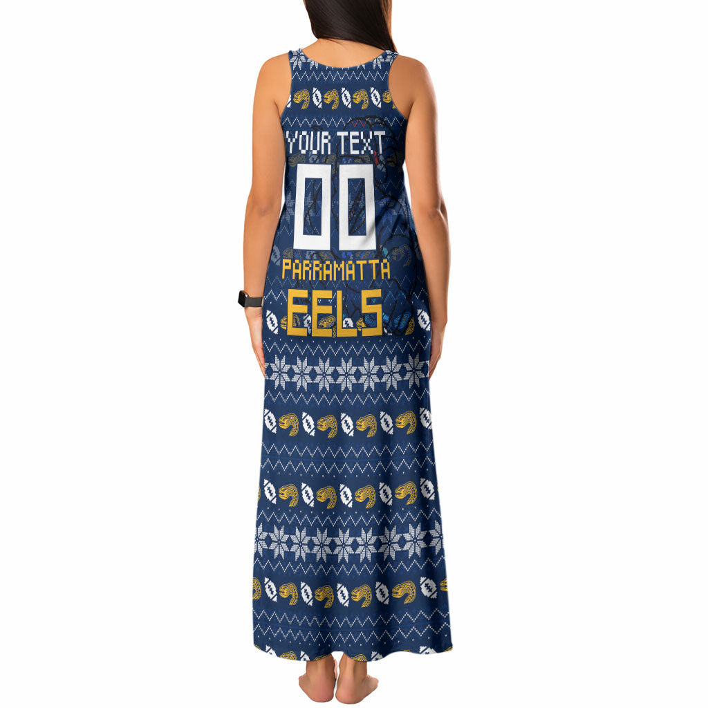 Personalized Parramatta Eels Christmas Tank Maxi Dress Australian Rugby Fans - Pixelated Ugly Xmas Pattern Mascot Santa