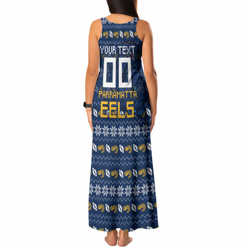 Personalized Parramatta Eels Christmas Tank Maxi Dress Australian Rugby Fans - Pixelated Ugly Xmas Pattern Mascot Santa
