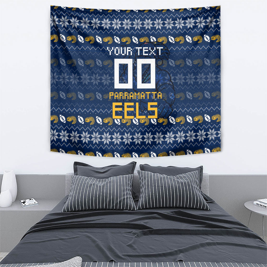 Personalized Parramatta Eels Christmas Tapestry Australian Rugby Fans - Pixelated Ugly Xmas Pattern Mascot Santa