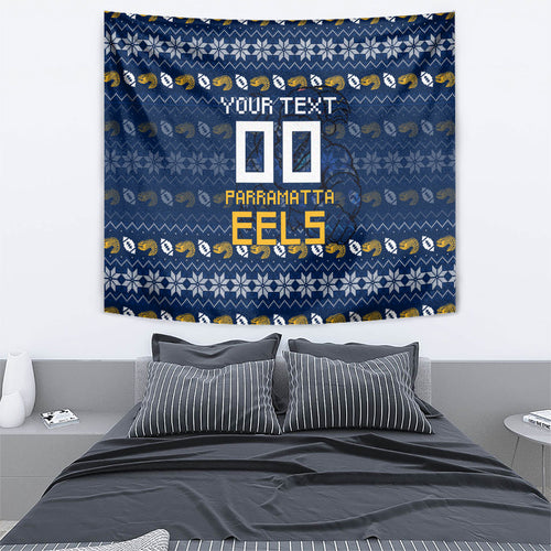Personalized Parramatta Eels Christmas Tapestry Australian Rugby Fans - Pixelated Ugly Xmas Pattern Mascot Santa